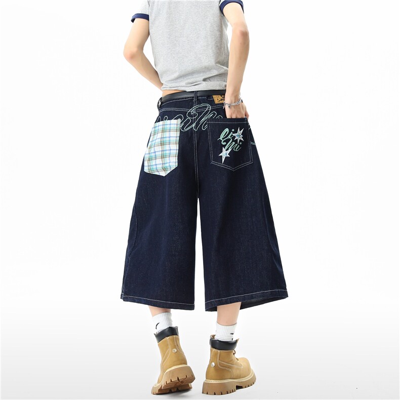 【现货】XZ612-K3082-P65控89美式复古刺绣深蓝单宁牛仔七分裤，男装牛仔裤，星座612