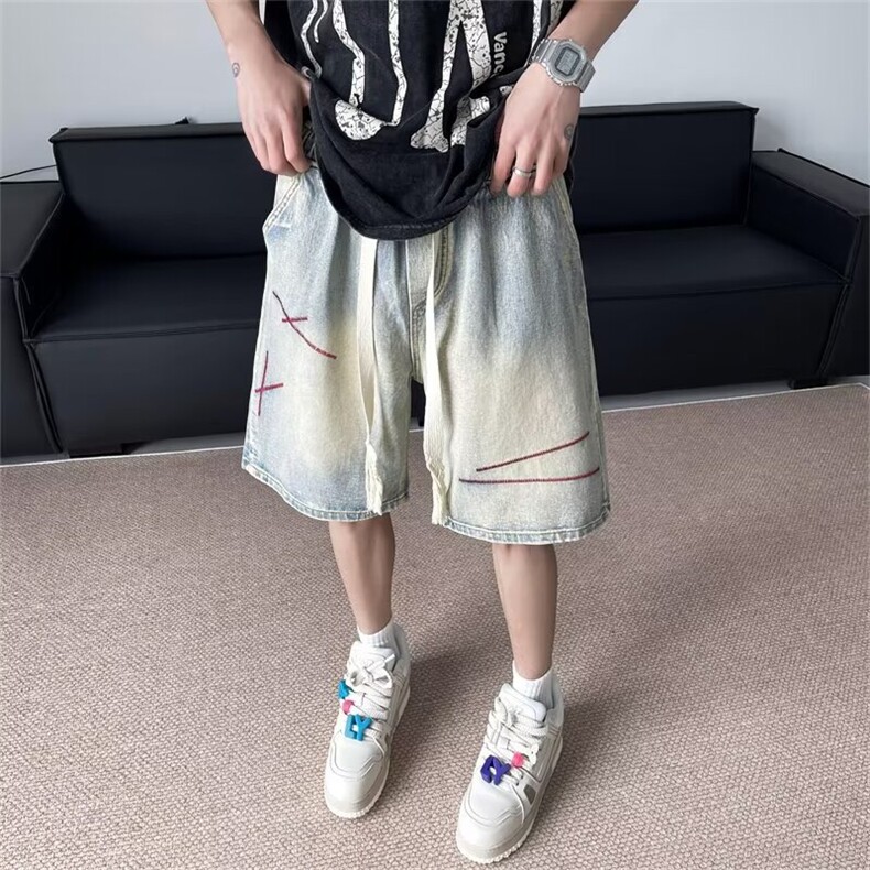 牛仔短裤男夏季美式高街vibe五分裤子水洗刺绣痞帅宽松直筒休闲裤,男装牛仔裤,星座601-2
