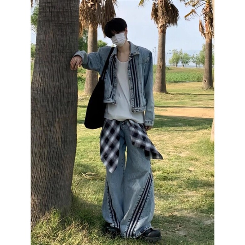 街头小众牛仔夹克设计感三条杠两件套JK7009特P72NZ619特P58,男装夹克,星座908-1