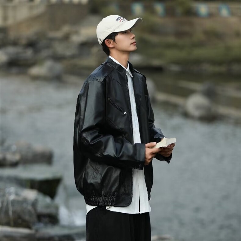 美式PU皮立领棒球服痞帅穿搭春秋季2024设计感机车夹克C438-P78,男装夹克,星座1109-3