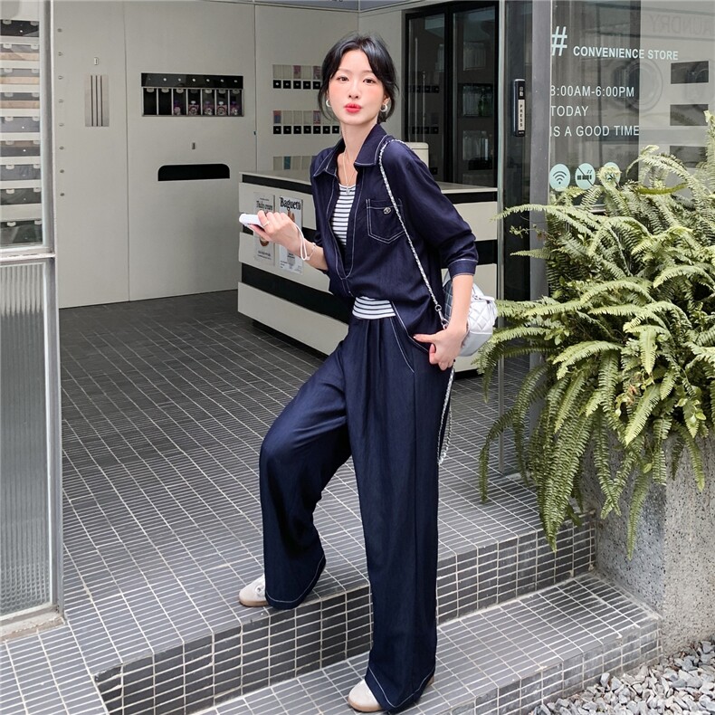 时髦松弛感牛仔蓝套装女2025秋季休闲风衬衫阔腿裤条纹背心三件套,女装套装/套裙,2C057