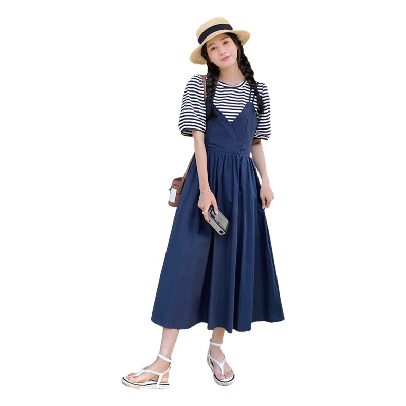 韩版假两件条纹T恤拼接吊带连衣裙女夏2025新款宽松休闲茶歇长裙,女装套装/套裙,辉之琳