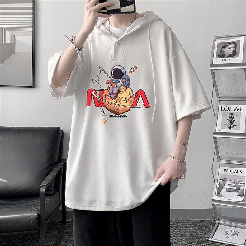 LD54287-P45NASA连帽短袖t恤男大码胖子带帽五分袖中袖,男装T恤,电商A040