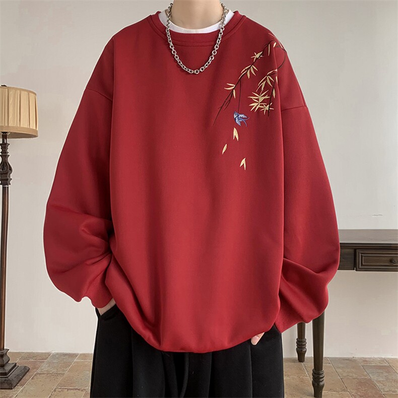wassuphappy国风刺绣卫衣男春秋季潮牌圆领上衣服宽松休闲打底衫,男装卫衣,电商D232