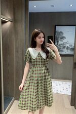 2021夏新款韩版蕾丝拼接格子裙复古连衣裙学院风大码女装+，女装连衣裙，潮品会
