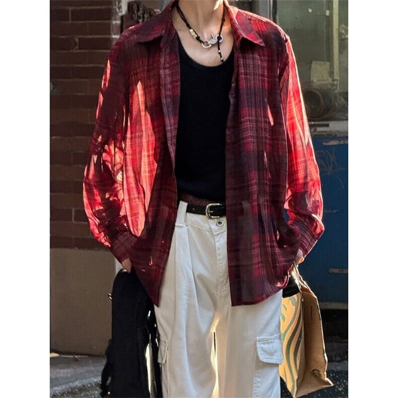 现货ityboy黑色长袖格子衬衫男春秋日系复古青少年25新款,男装衬衫,星座218-1（原230）