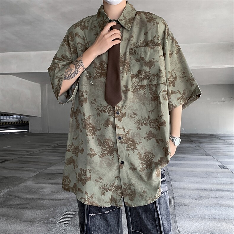 配领带衬衫男士短袖韩版潮流印花痞帅2024夏季ins外套CY834-P36,男装衬衫,星座412-3