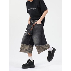 迷彩拼接毛边牛仔短裤男女夏季美式设计垂感宽松阔腿七分裤ins潮，男装牛仔裤，星座410-6（原星座1304-1）