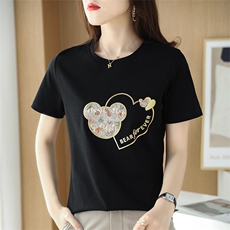 高支高密100丝光棉圆领烫画字母米老鼠夏季时尚小众个性棉T恤上衣，女装T恤，元素羊绒