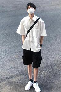 夏季冰丝短袖衬衫男女 纯色宽松百搭学院风衬衣C3051-P25图片