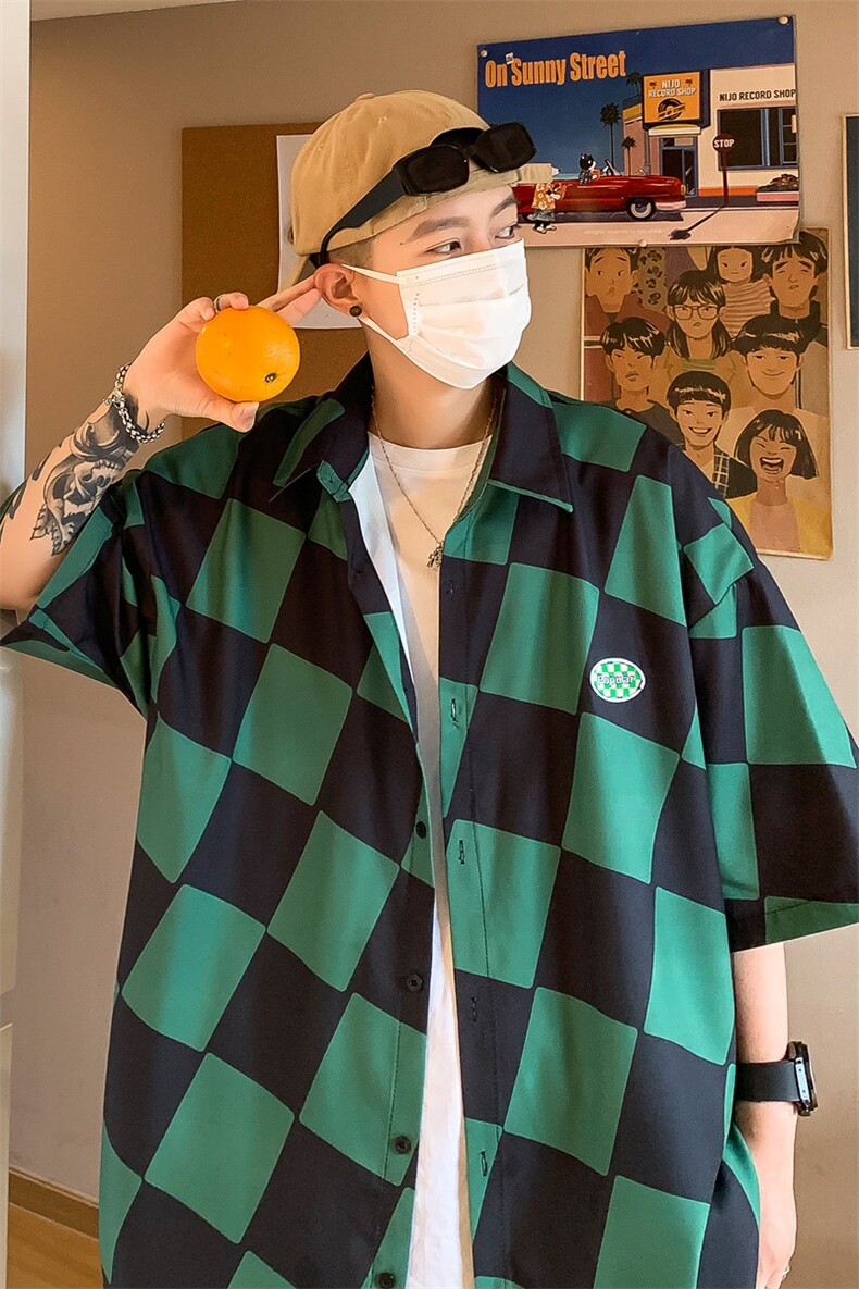 C6071/P35夏季新款格子冰丝短袖衬衫男女潮休闲衬衣宽松大码上衣,男装衬衫,电商A141