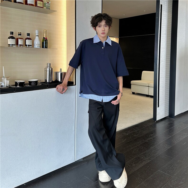 藏青色假两件短袖男款夏季潮牌衬衫拼接t恤重磅美式学院风polo衫,男装Polo衫,四季星座505