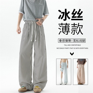 8XL-M条纹裤子男夏季薄款宽松慵懒风休闲大码直筒阔腿裤KZ046P45图片