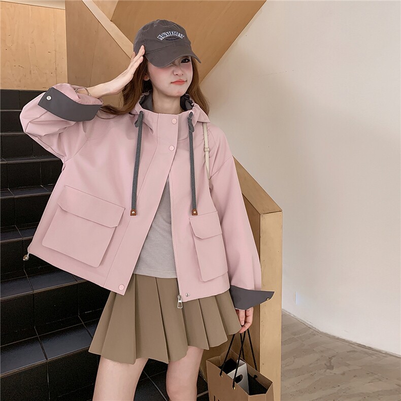 粉色拼色连帽工装外套女2025秋季新款奶甜系休闲小个子短款上衣潮,女装短外套,2C218