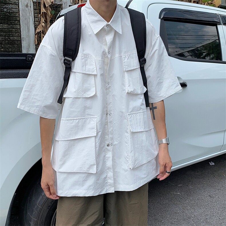 短袖工装衬衫男日系夏季宽松五分袖休闲上衣学生中袖衬衣C31-P42图片
