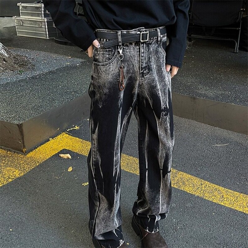 美式高街扎染牛仔裤小众设计感潮牌休闲裤子高腰显瘦直筒长裤N818,男装休闲裤,星座601-1