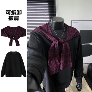 华棉420g重磅打结可拆卸披肩假两件大码卫衣男W5423-特P50控98图片