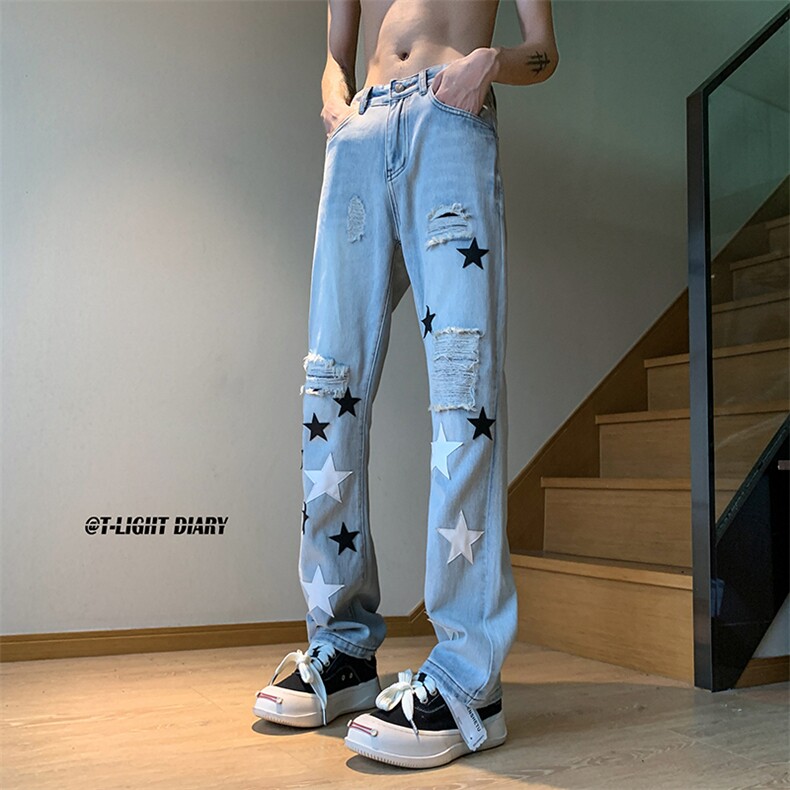 B221美式ins高街小众五角星假破洞小脚牛仔裤LK23027-P65控88,男装牛仔裤,电商B221