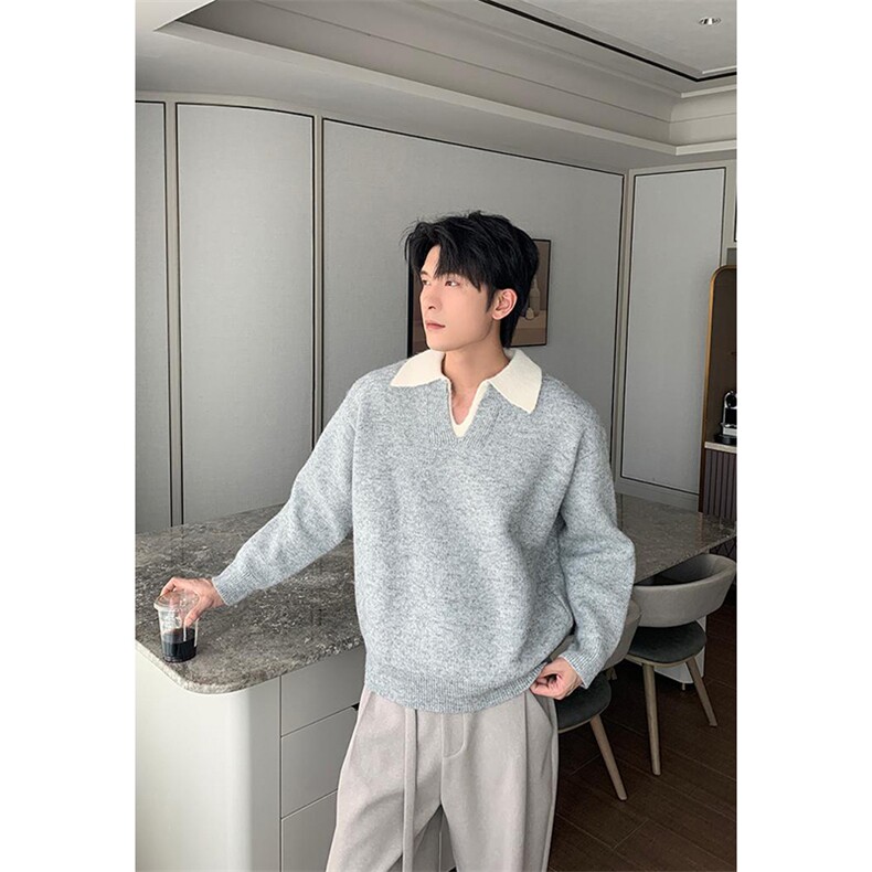 重磅北极绒假两件衬衫领毛衣美式高街复古休闲慵懒纯色翻领针织衫,男装针织衫/毛衣,电商A486