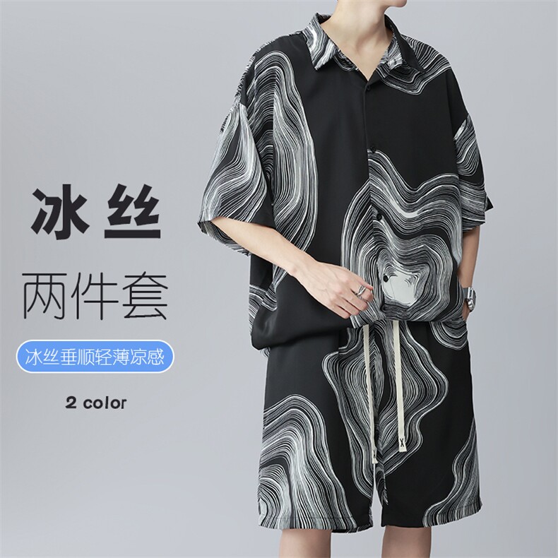 夏季大码薄款凉感冰丝短袖衬衫短裤男休闲宽松两件套装TZ068-P65图片