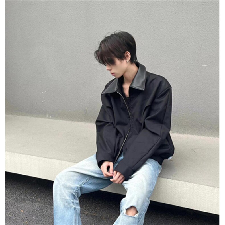 皮领黑色外套男秋季美式高街设计感cleanfit男生夹克J693,男装夹克,星座1116A（原606A-3）