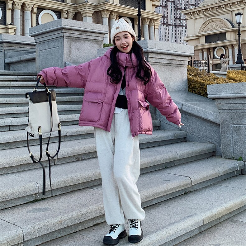 玫粉色连帽羽绒服冬季女2025新款小个子加厚韩系宽松白鸭绒短外套,女装棉衣/棉服,2C053