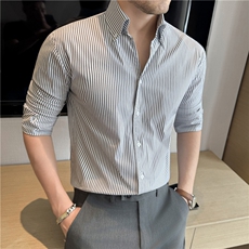 主推款秋装高级感含棉色织条纹衬衫男V领内搭衬衣黑色C27-P60，男装衬衫，电商A213