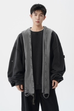8XL-M高品质美式雕刻可拆卸破洞帽洗水深灰多穿法圆领卫衣WY28P88，男装卫衣，电商D206-1