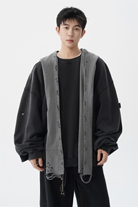8XL-M高品质美式雕刻可拆卸破洞帽洗水深灰多穿法圆领卫衣WY28P88图片