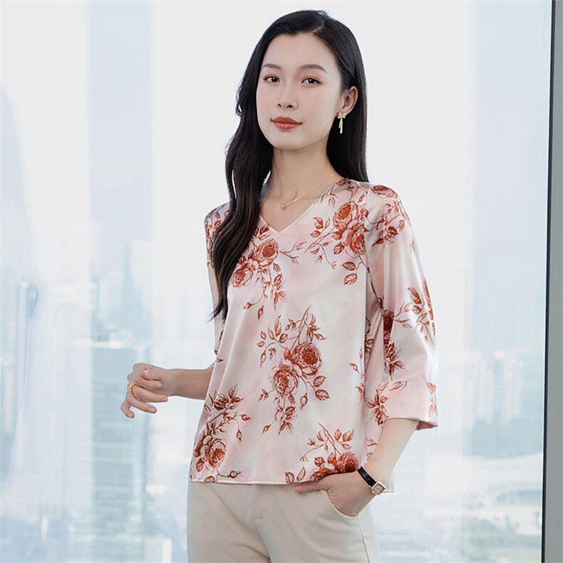 五分袖真丝衬衫女上衣T恤2026春夏装中袖印花中年妈妈真丝小衫t,女装衬衫,阿舍尔精品