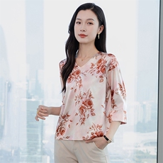 五分袖真丝衬衫女上衣T恤2026春夏装中袖印花中年妈妈真丝小衫t，女装衬衫，阿舍尔精品