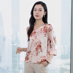 五分袖真丝衬衫女上衣T恤2026春夏装中袖印花中年妈妈真丝小衫t图片