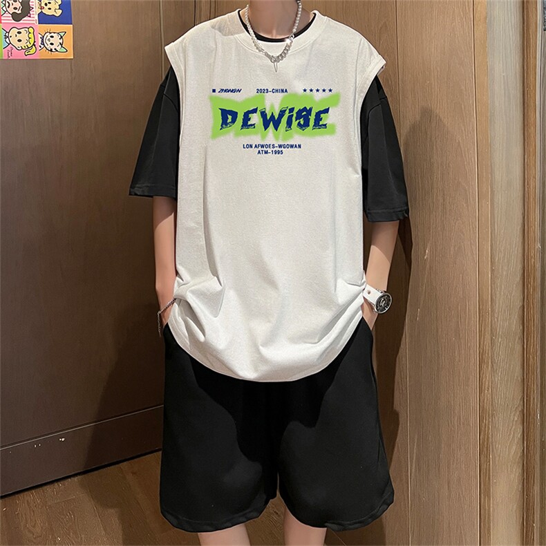 直播品质美式宽松纯棉背心无袖t恤短裤大码两件套套装TZ53-P58,男装T恤,电商A486