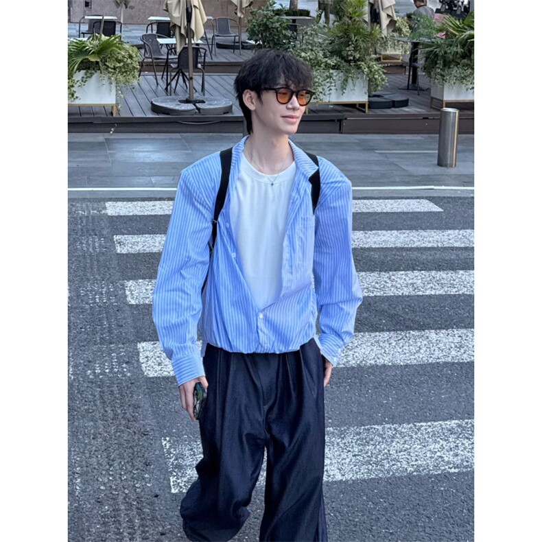 C316CS2521P68拼接撞色长袖衬衫假两件衬衣时尚百搭蓝色潮,男装衬衫,电商C316