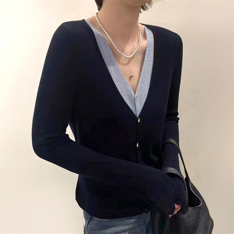 新款女士优雅时尚潮流撞色假两件针织开衫，女装针织衫/毛衣，温伦斯特羊绒