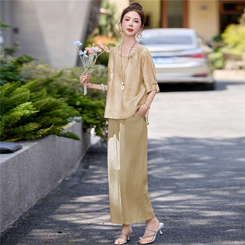 长期有货2026夏季新款提花上衣女中年妈妈冰天丝阔腿裤休闲两件套,女装套装/套裙,璐依舞
