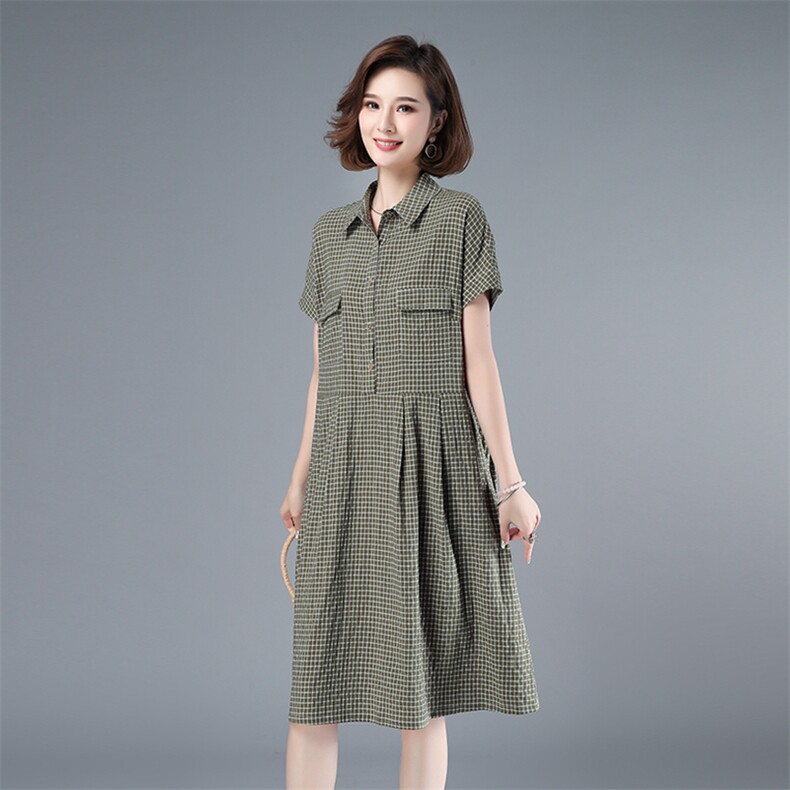 2021年夏季中长款格子套头A字裙40-49周岁POLO领韩版裙子高腰,女装连衣裙,伊满意