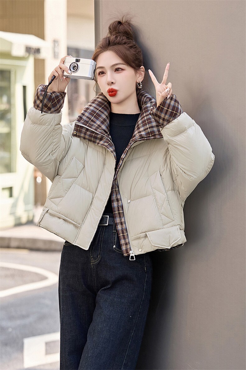 短款羽绒服女2024冬季新款小个子高级感超好看洋气拼接格子面包服,女装羽绒服,艾尚靓装