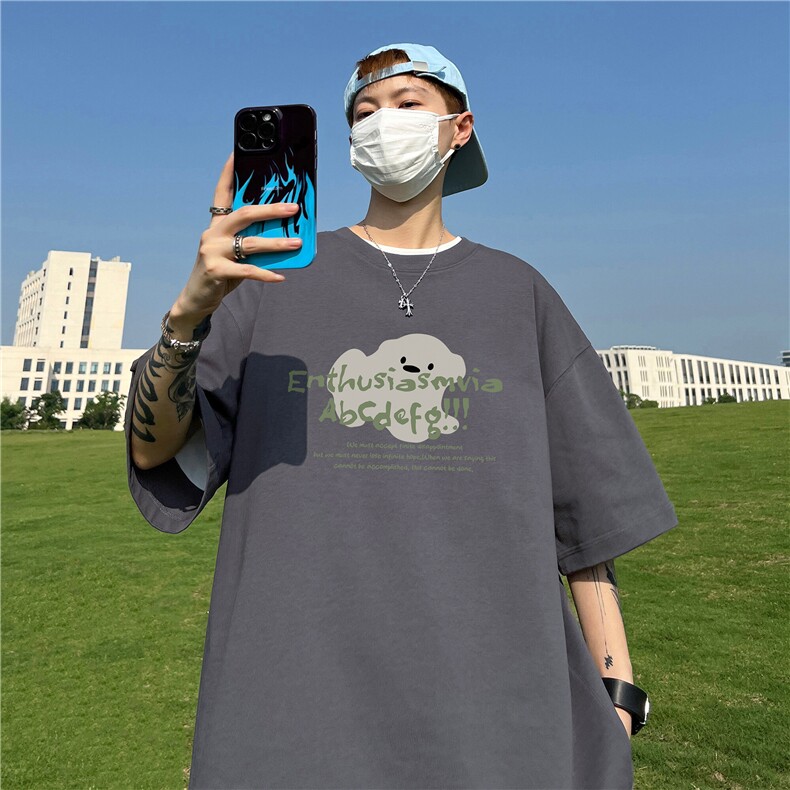 230克纯棉落肩宽松短袖白墨印花T恤B219A-T2517-P25限38图片