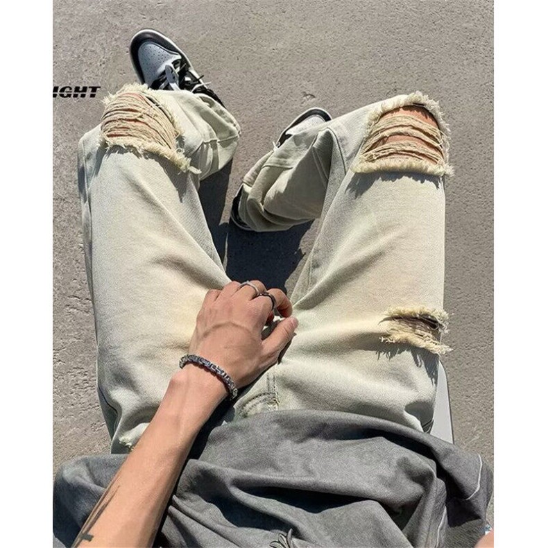 高街夏季hiphop黄泥破洞拉链直筒牛仔裤男宽松休闲长裤 N8835图片