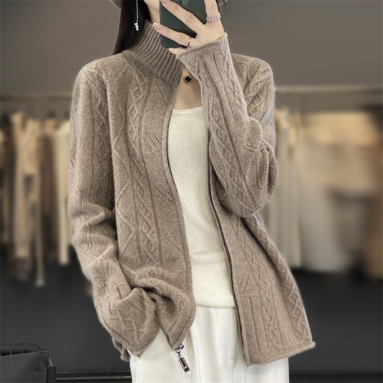 秋冬新款100%纯羊毛开衫女高领拉链外套长袖毛衣宽松针织羊绒外搭,女装羊毛衫,端硕羊绒