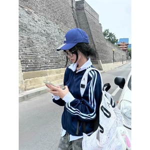 藏蓝色立领条纹棒球服外套男秋季新款美式高级感休闲运动上衣图片