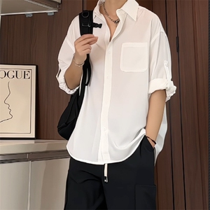 黑色冰丝七分袖衬衫男夏季薄款凉感透气短袖衬衣痞帅高级感薄外套图片