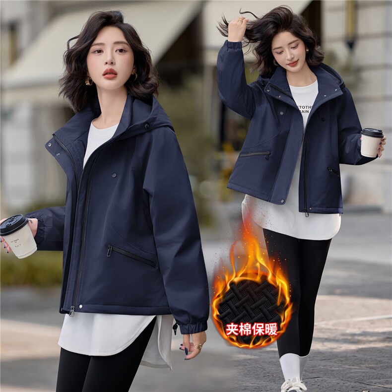 2025年冬季时尚连帽夹棉外套短款休闲棉服,女装棉衣/棉服,依路服饰