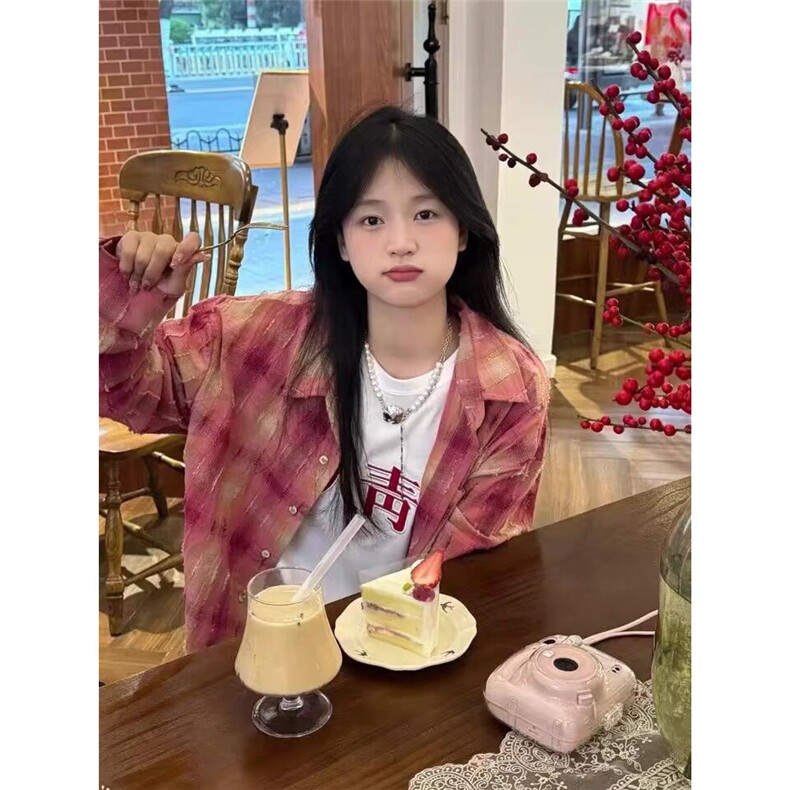 美式潮牌秋季流苏格纹衬衫女高级感透气破坏格子上衣LCS3322-P43,男装衬衫,星座1008