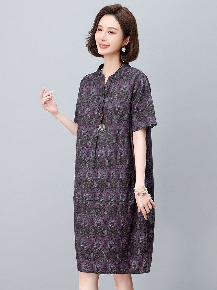 纯棉印花连衣裙女夏2025新款中年妈妈宽松大码遮肚子显瘦减龄裙子,女装连衣裙,依恋蒂丝