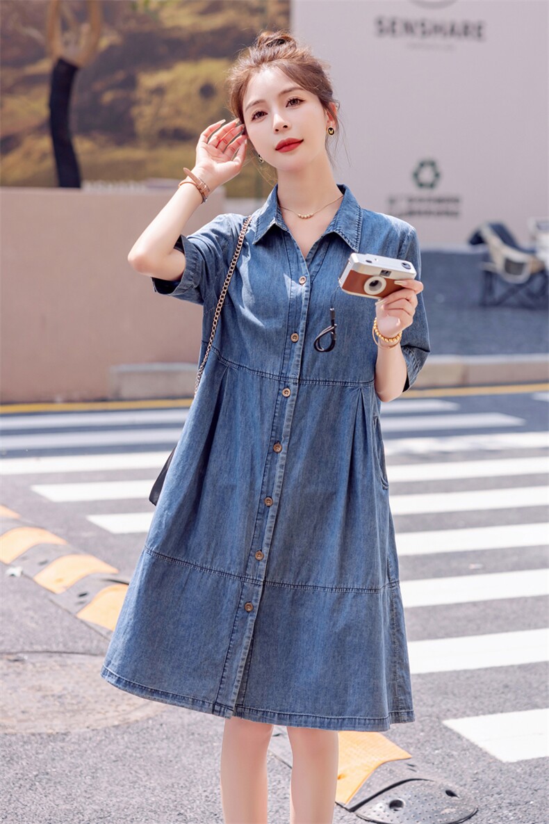 短袖牛仔连衣裙女2024夏季新款女装韩版时尚小翻领裙子大量现货,女装连衣裙,慧尚依恋