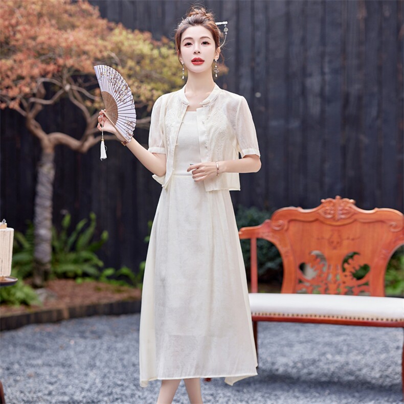新中式国风改良旗袍套装女2025夏季新款时尚提花吊带连衣裙两件套,女装套装/套裙,慕依路