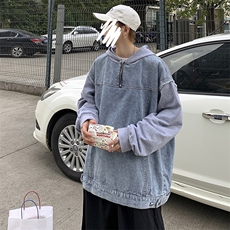 秋冬港风日系长袖卫衣拼接牛仔夹克连帽外套休闲学生潮H201/P70，男装夹克，钱塘713