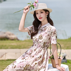 时尚舒适印花连衣裙2026夏季新款显瘦修身棉麻裙子2730，女装连衣裙，罗得堡